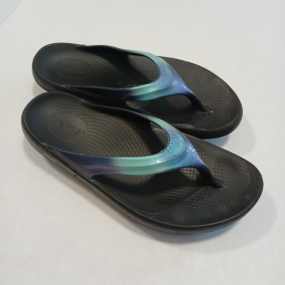 Oofos Oolala Luxe Flip Flop Sandals Women 9 Blue Comfort Recovery Black